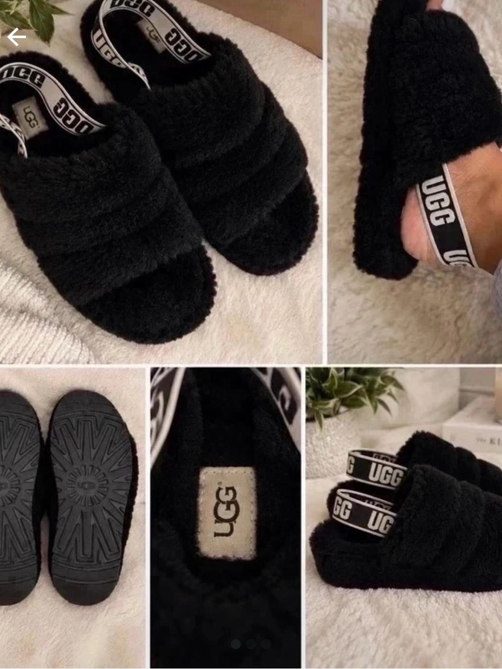 UGG Black Fluff Slingback Slides with Logo Strap